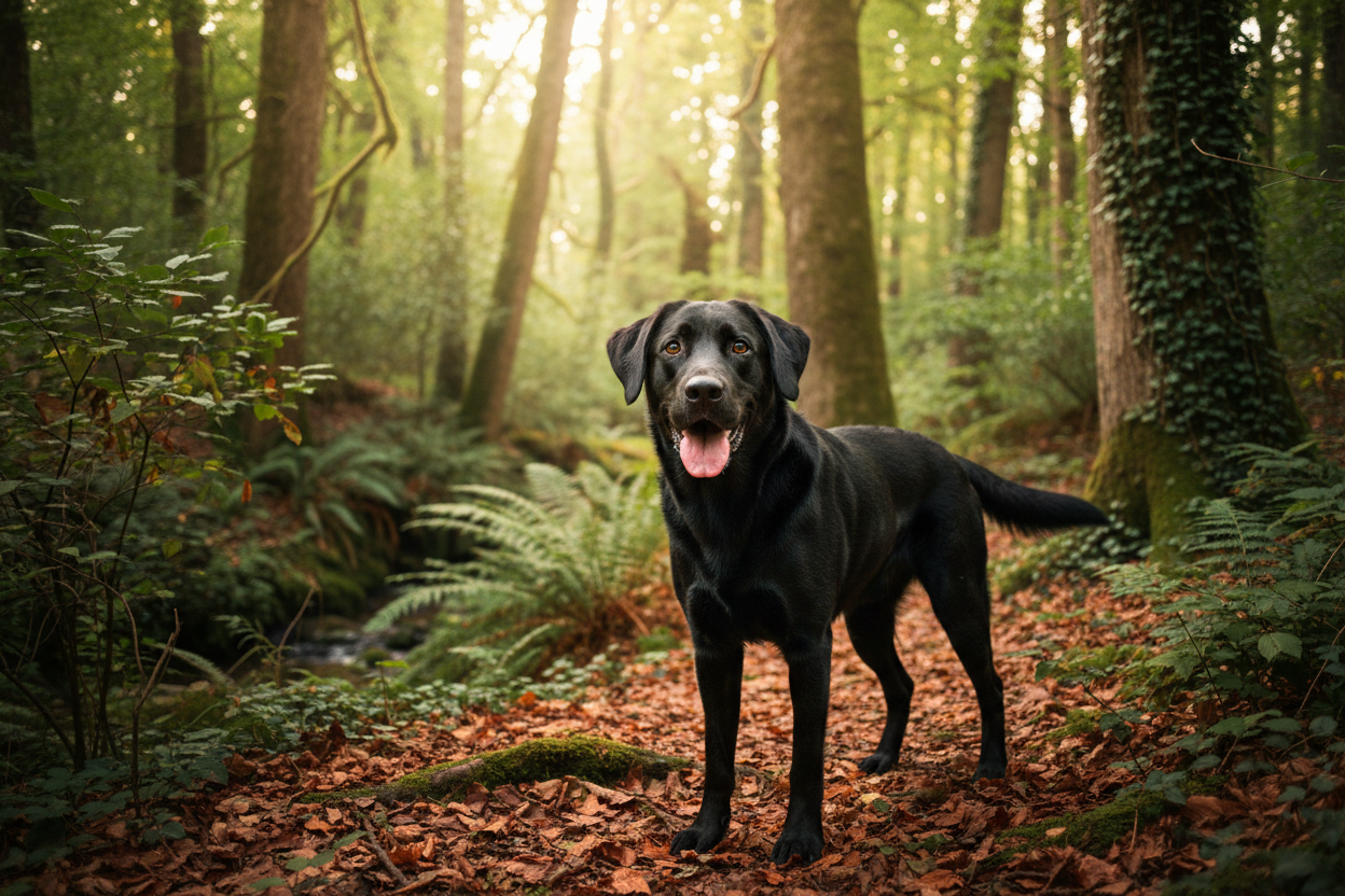 black Labrador in forest