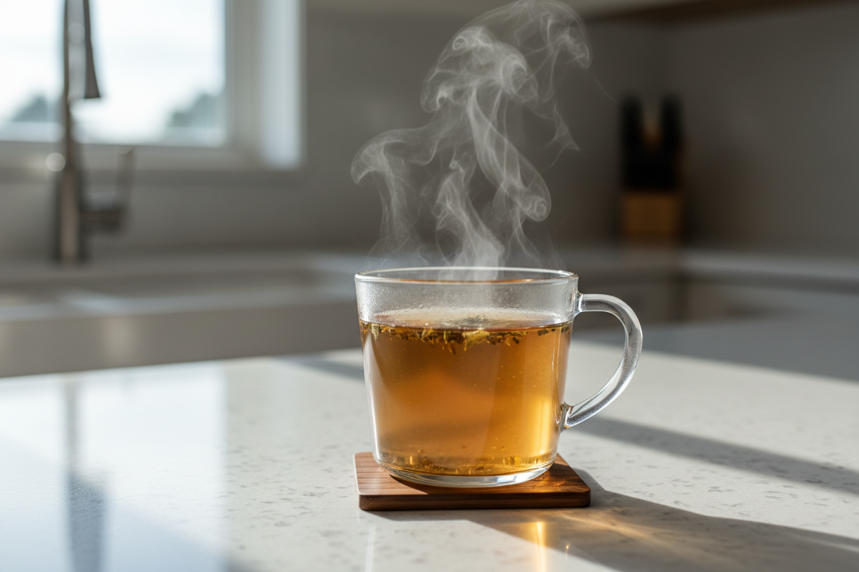Glass tea cup with herbal tea with steam lines on kitchen countertop