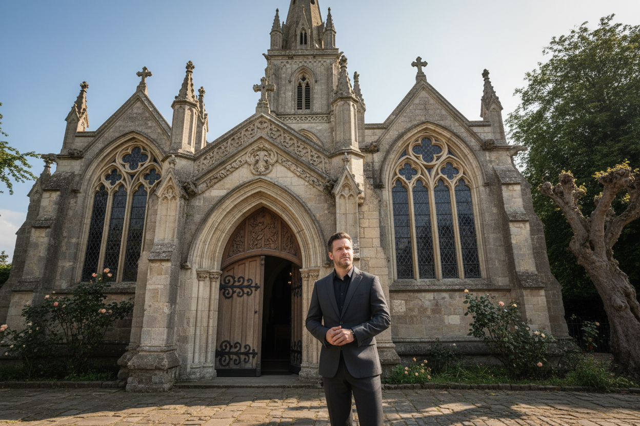 man standing infront of a church