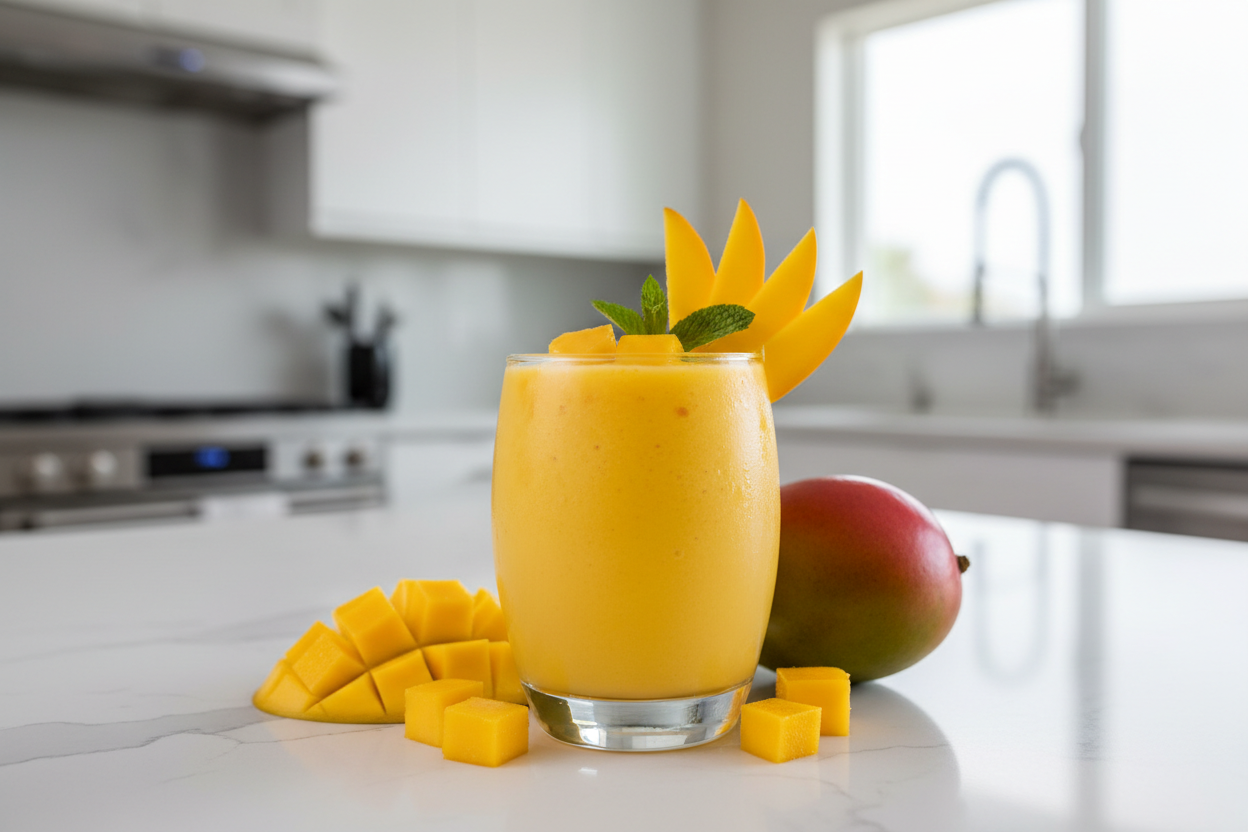 Mango Smoothie on kitchen counter, product shot studio style