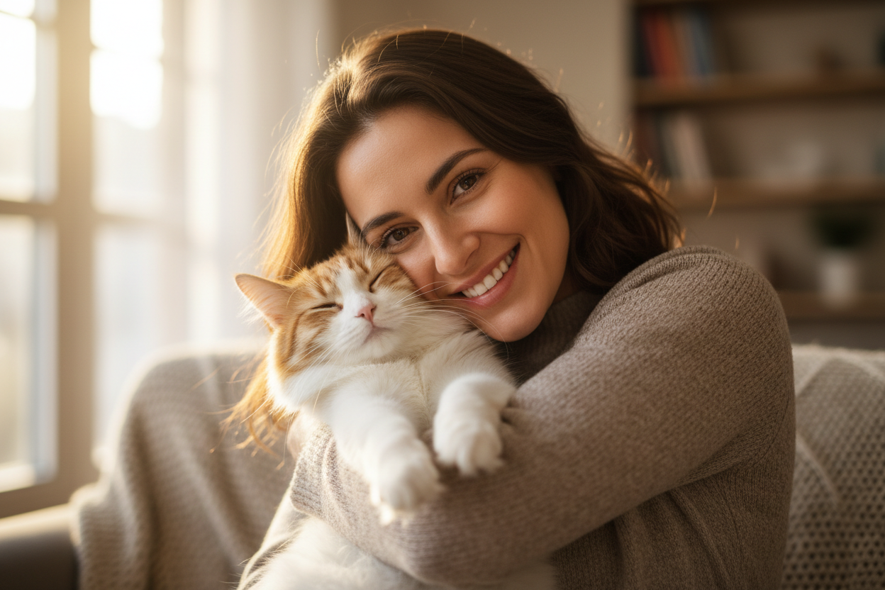 women holding a cat to her face smiling