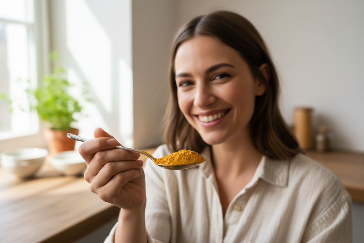 Women holding a spoon with ginger powder on it, the women is happy and smiling