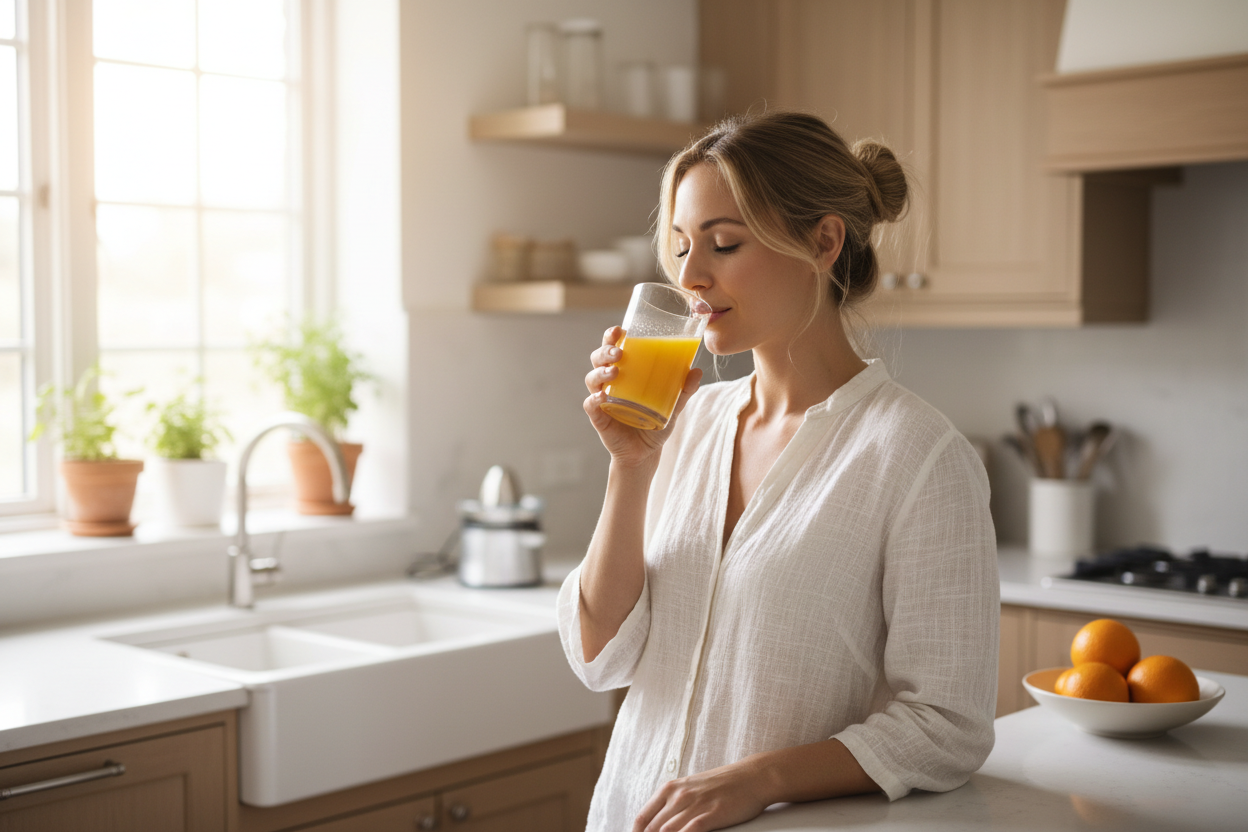 women in kitchen with a linen top drinking a glass of orange juice 